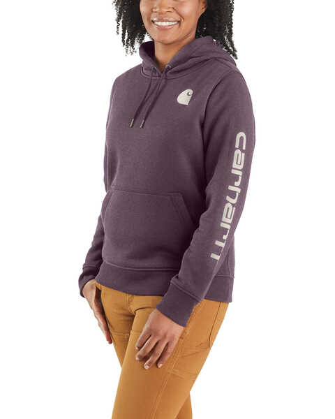 Image #1 - Carhartt Women's Relaxed Fit Heather Logo Sleeve Graphic Work Hoodie  , Purple, hi-res