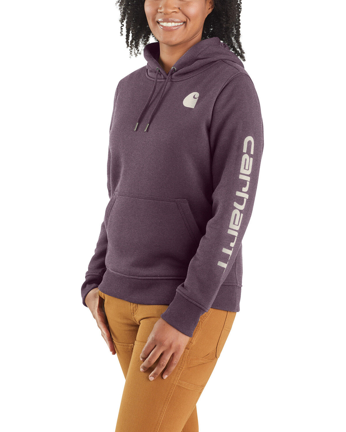 Image #1 - Carhartt Women's Relaxed Fit Heather Logo Sleeve Graphic Work Hoodie, Purple, hi-res