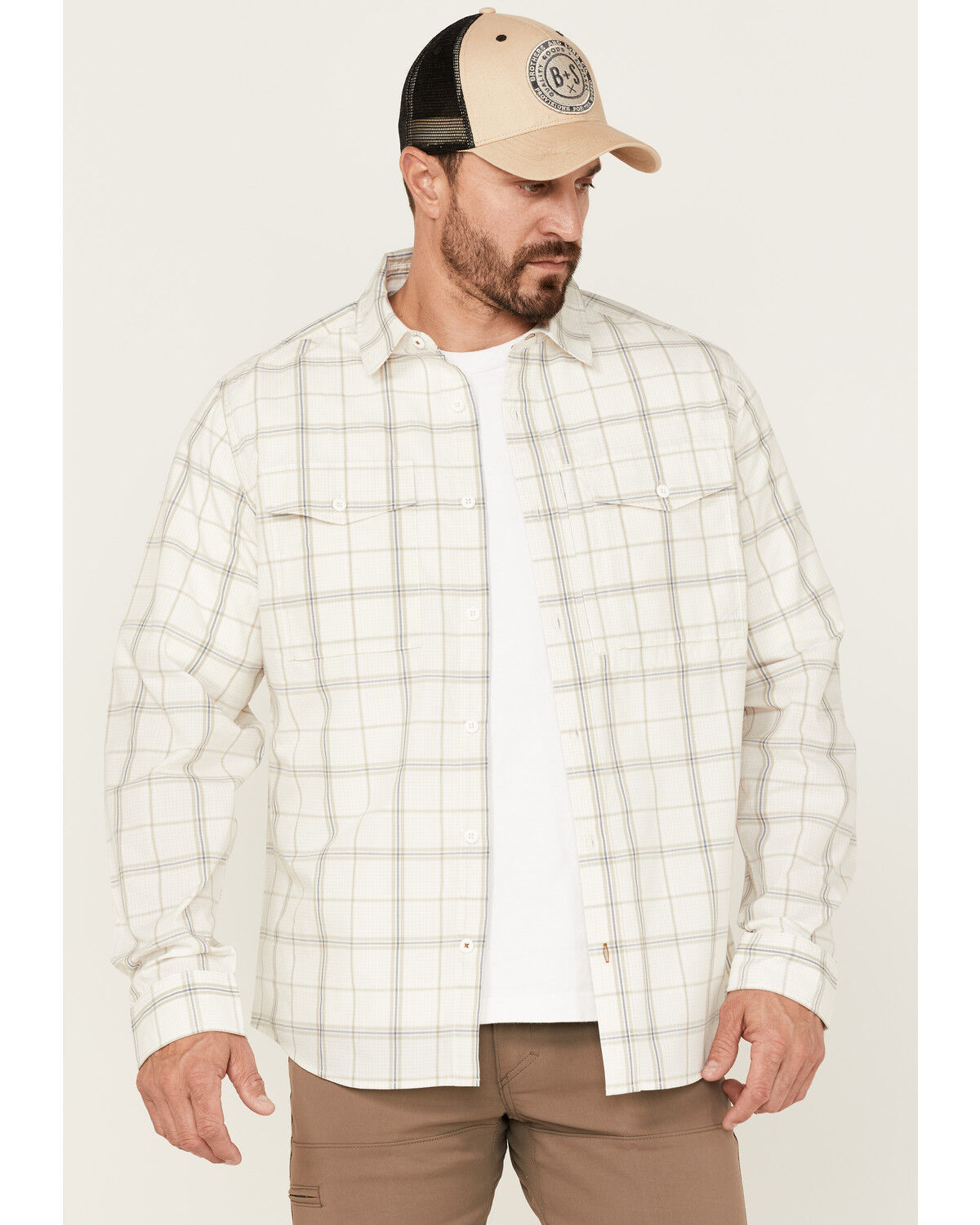 Image #1 - Brothers and Sons Men's Large Plaid Print Performance Long Sleeve Button Down Western Shirt, White, hi-res