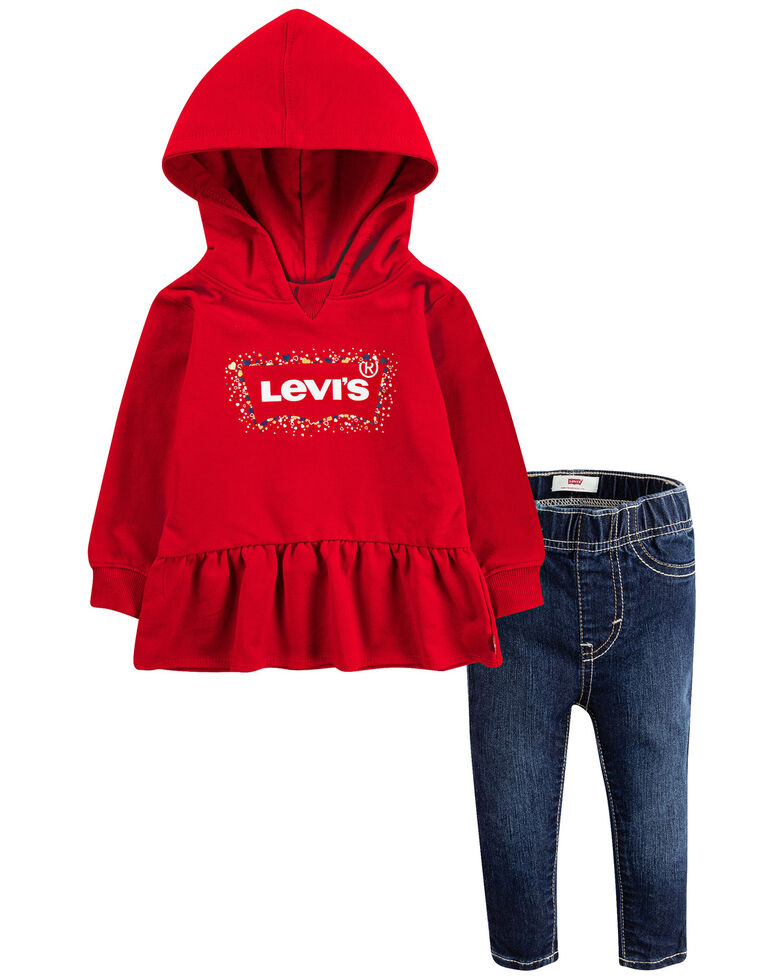 Levi's Infant Girls' Red Peplum Logo Pullover Hoodie & Jean Set , Red, hi-res
