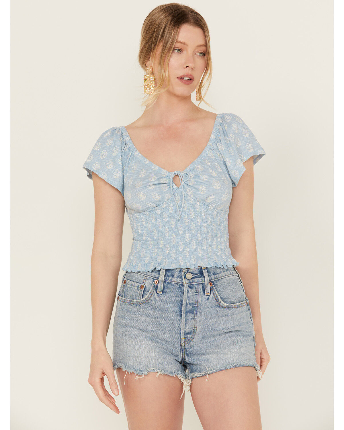 Image #1 - Bila Women's Floral Print Short Sleeve Shirt, Blue, hi-res