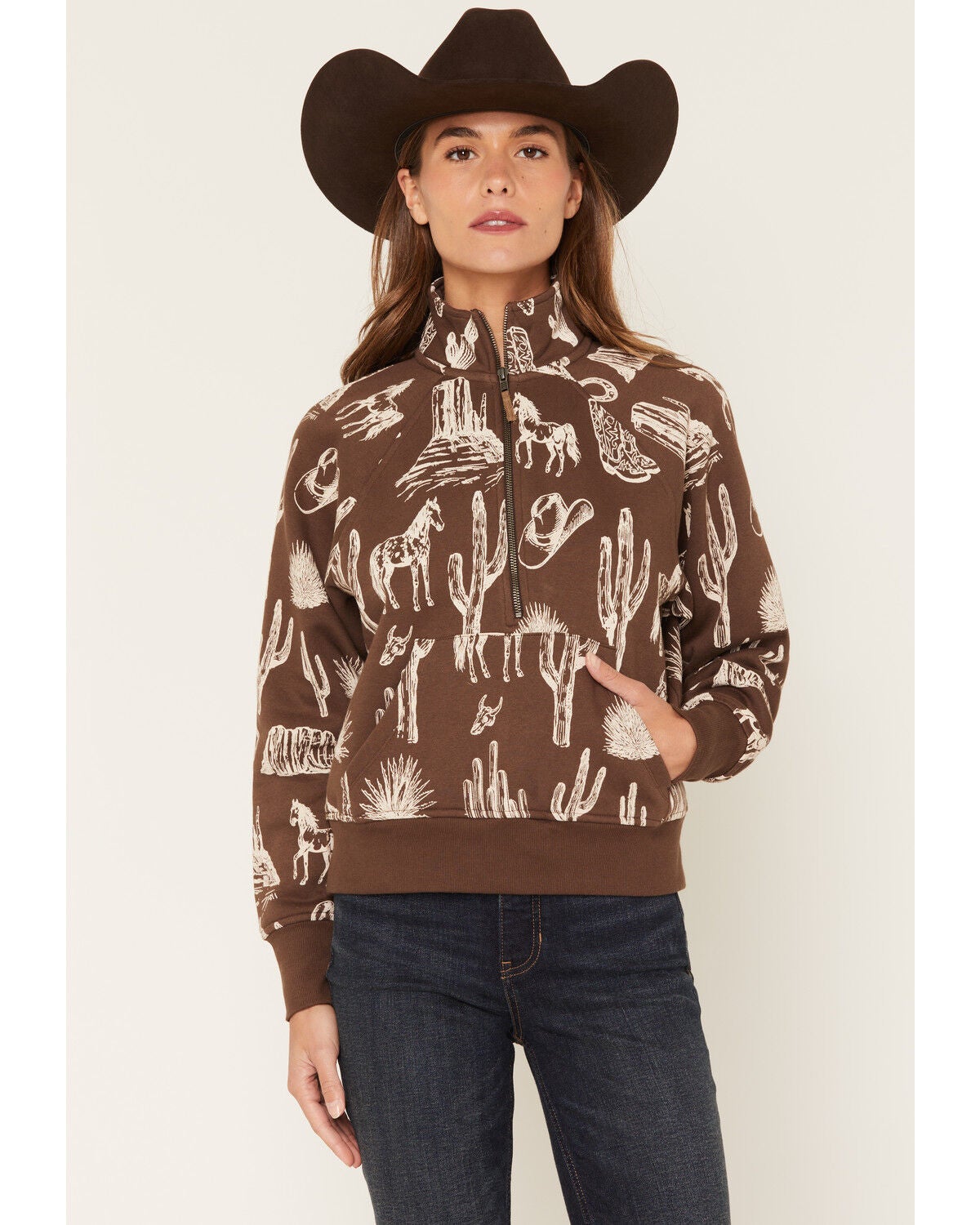 Shyanne Women's Kate Conversation Print 1/2 Zip Pullover, Mahogany, hi-res