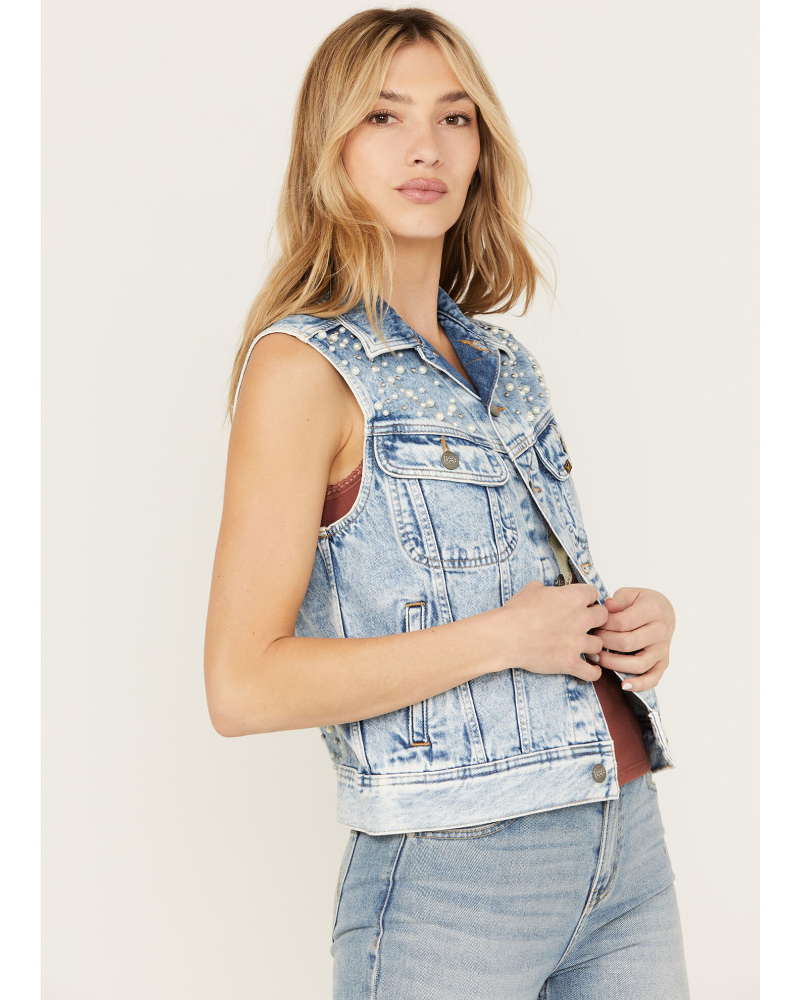 Image #2 - Lee Women's Light Wash Acid Wash Denim Pearl Vest, Blue, hi-res