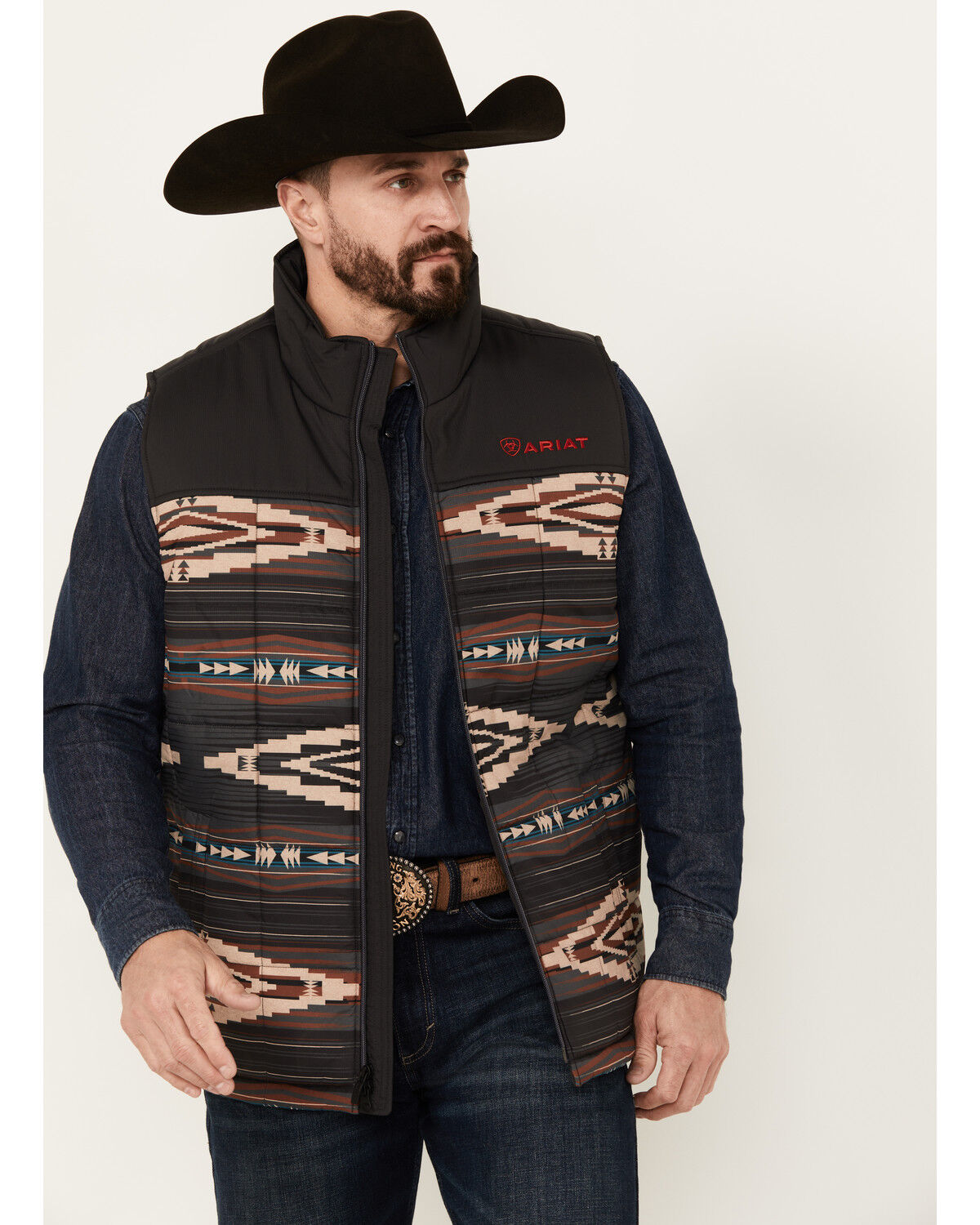 Image #1 - Ariat Men's Crius Southwestern Print Insulated Vest, Dark Grey, hi-res