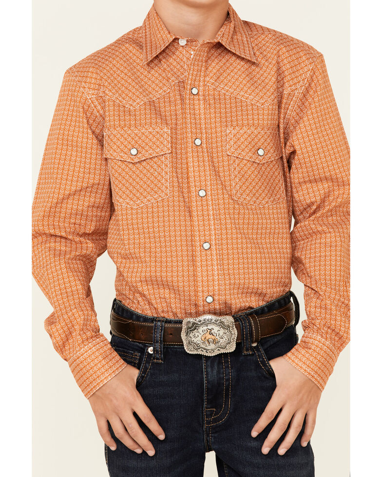 Cinch Boys' Brown Geo Print Long Sleeve Snap Western Shirt , Brown, hi-res