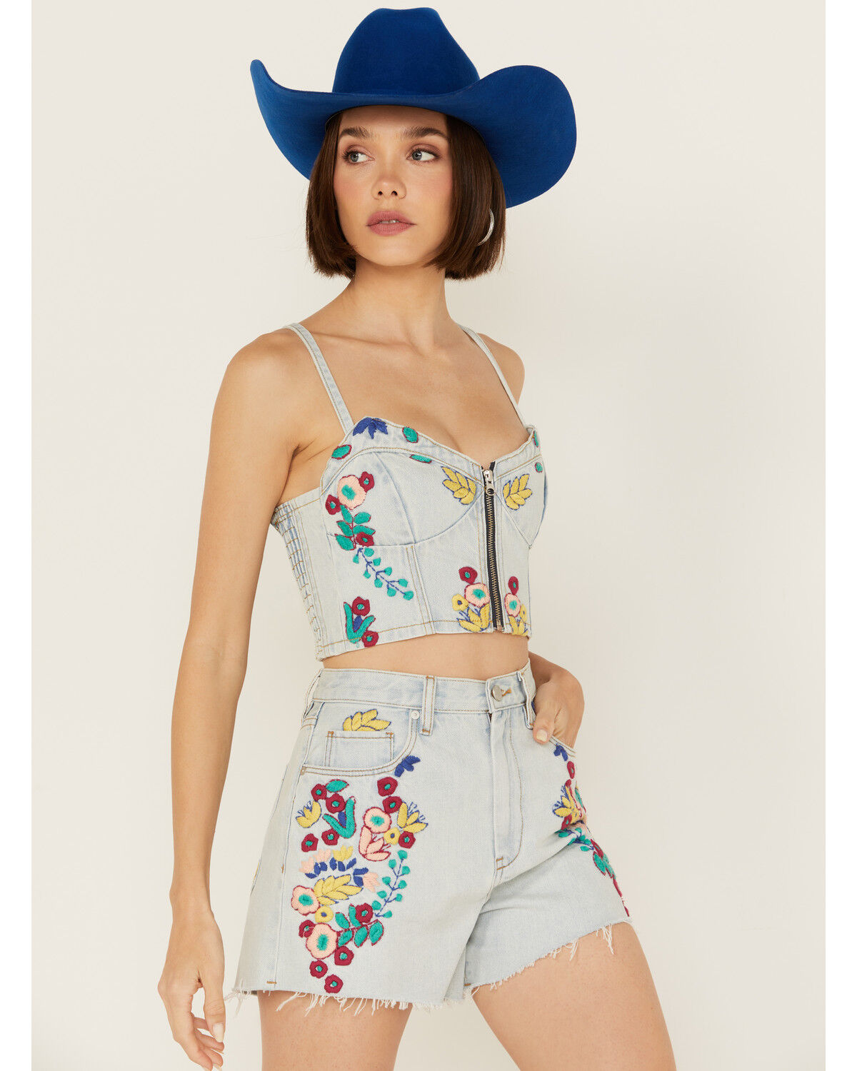 Image #2 - Blank NYC Women's Light Wash Picnic Date Embroidered Denim Crop Top, Blue, hi-res