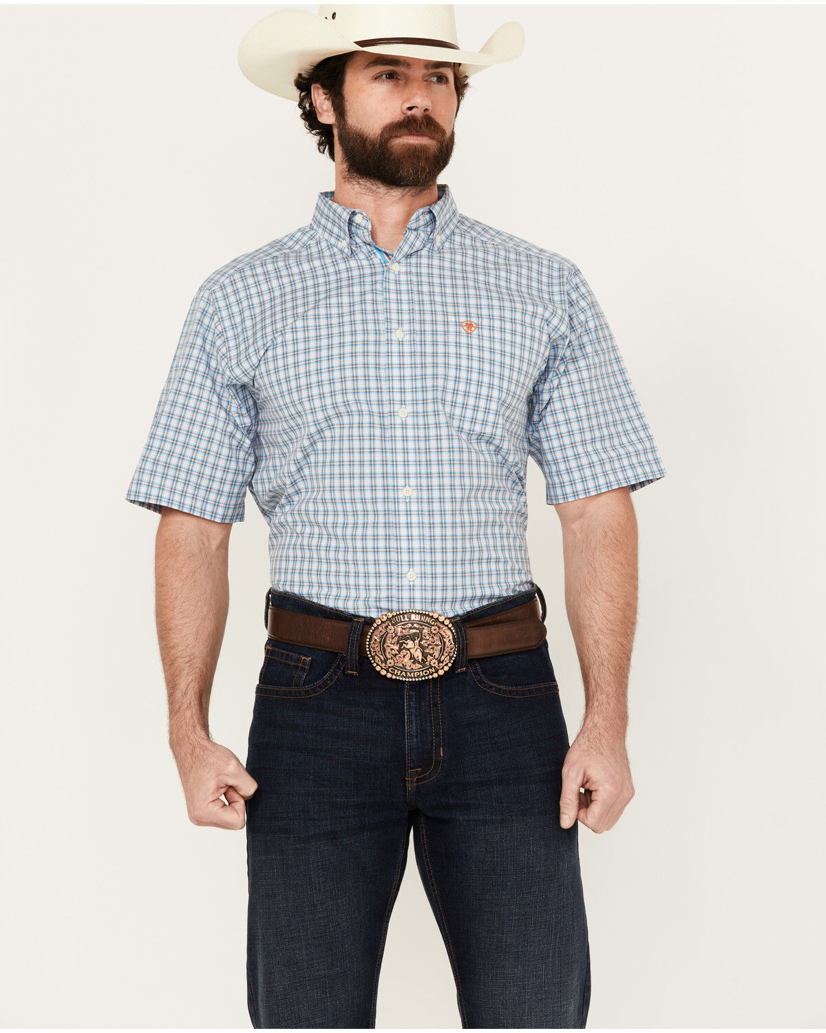 Image #1 - Ariat Men's Richard Plaid Print Short Sleeve Button-Down Performance Western Shirt, Blue, hi-res