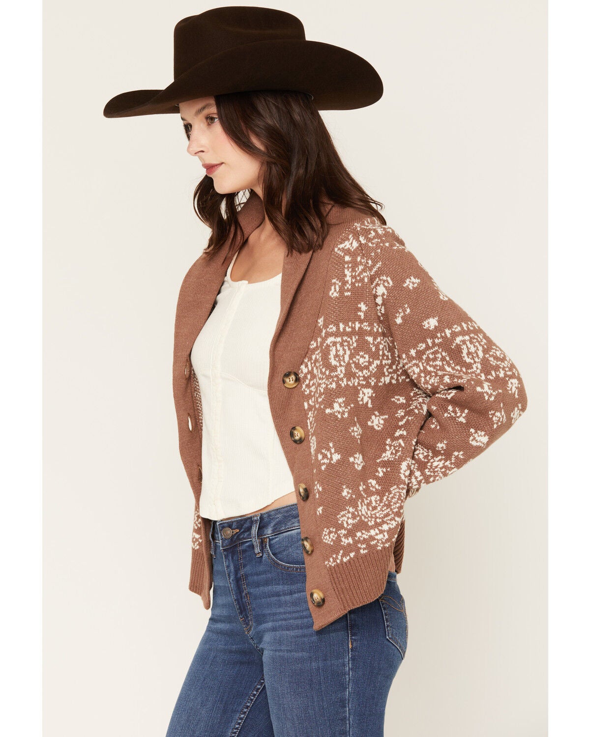 Image #2 - Originality Women's Bandana Print Cardigan, Brown, hi-res
