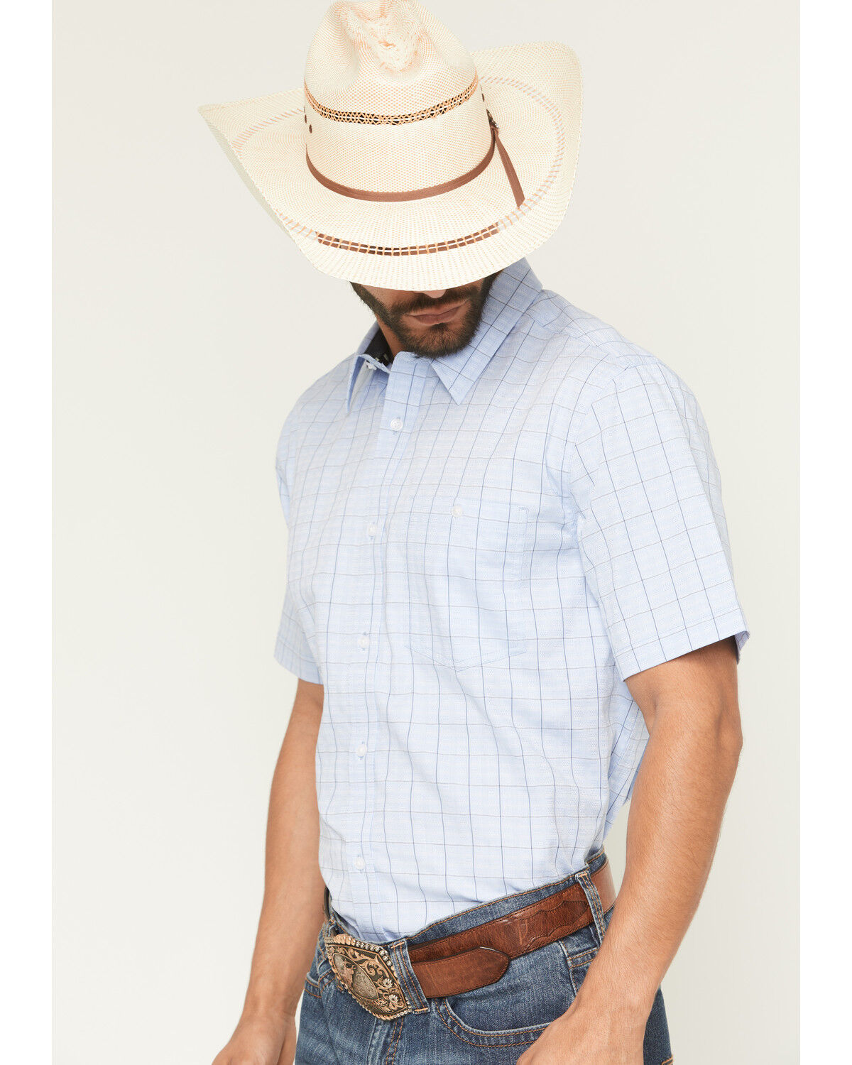 Image #2 - RANK 45® Men's Trailblazer Short Sleeve Button-Down Plaid Stretch Western Shirt, Light Blue, hi-res