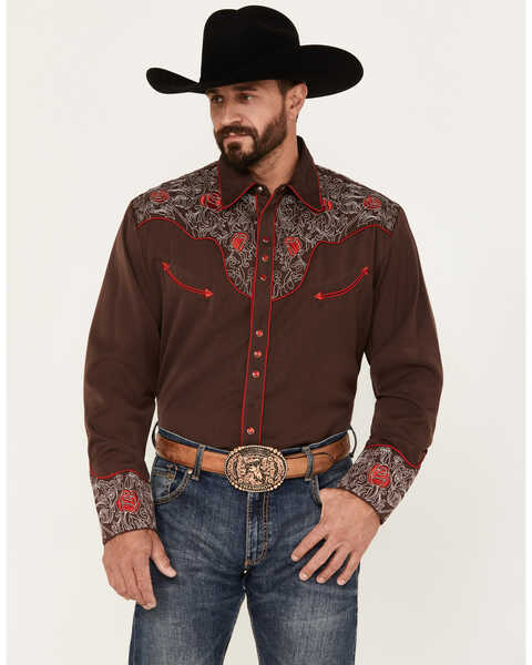 Image #1 - Scully Men's Rose Embroidered Long Sleeve Pearl Snap Western Shirt, Chocolate, hi-res