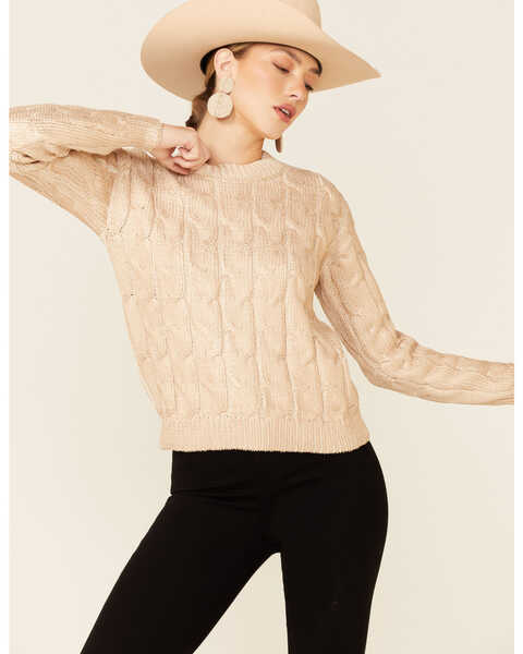 Image #1 - Rock & Roll Denim Women's Metallic Cable Knit Sweater  , Gold, hi-res