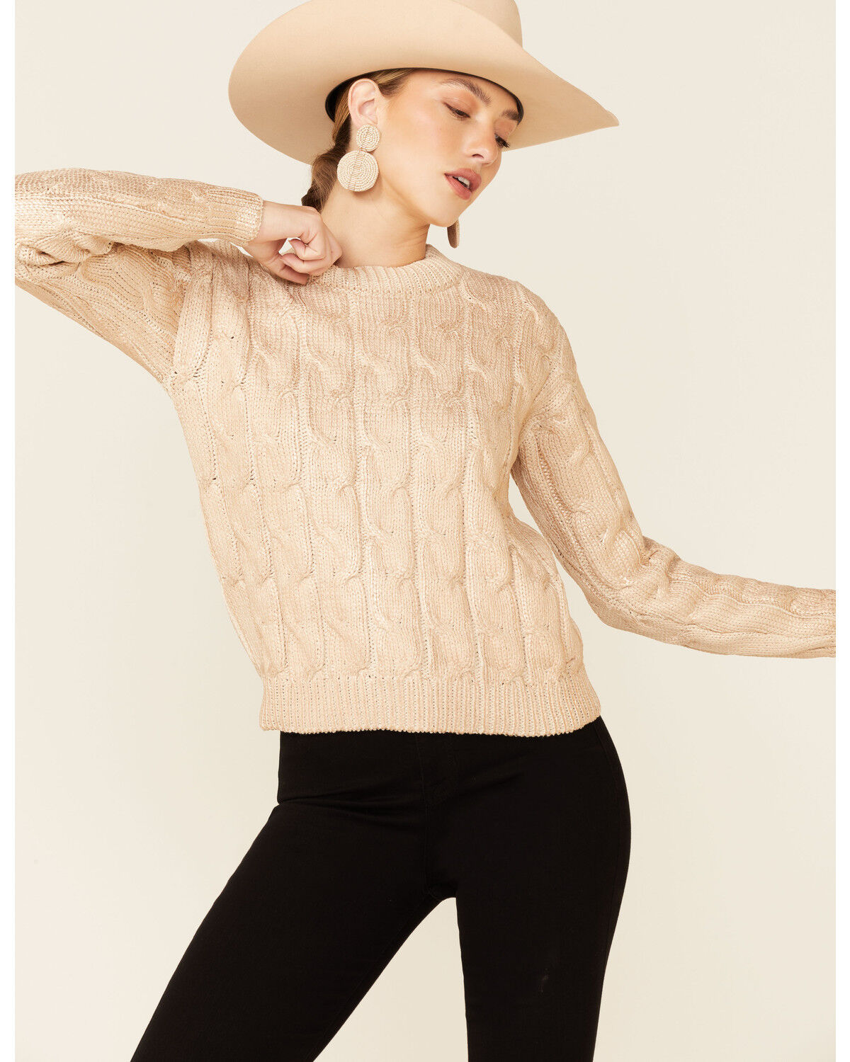 Image #1 - Rock & Roll Denim Women's Metallic Cable Knit Sweater, Gold, hi-res