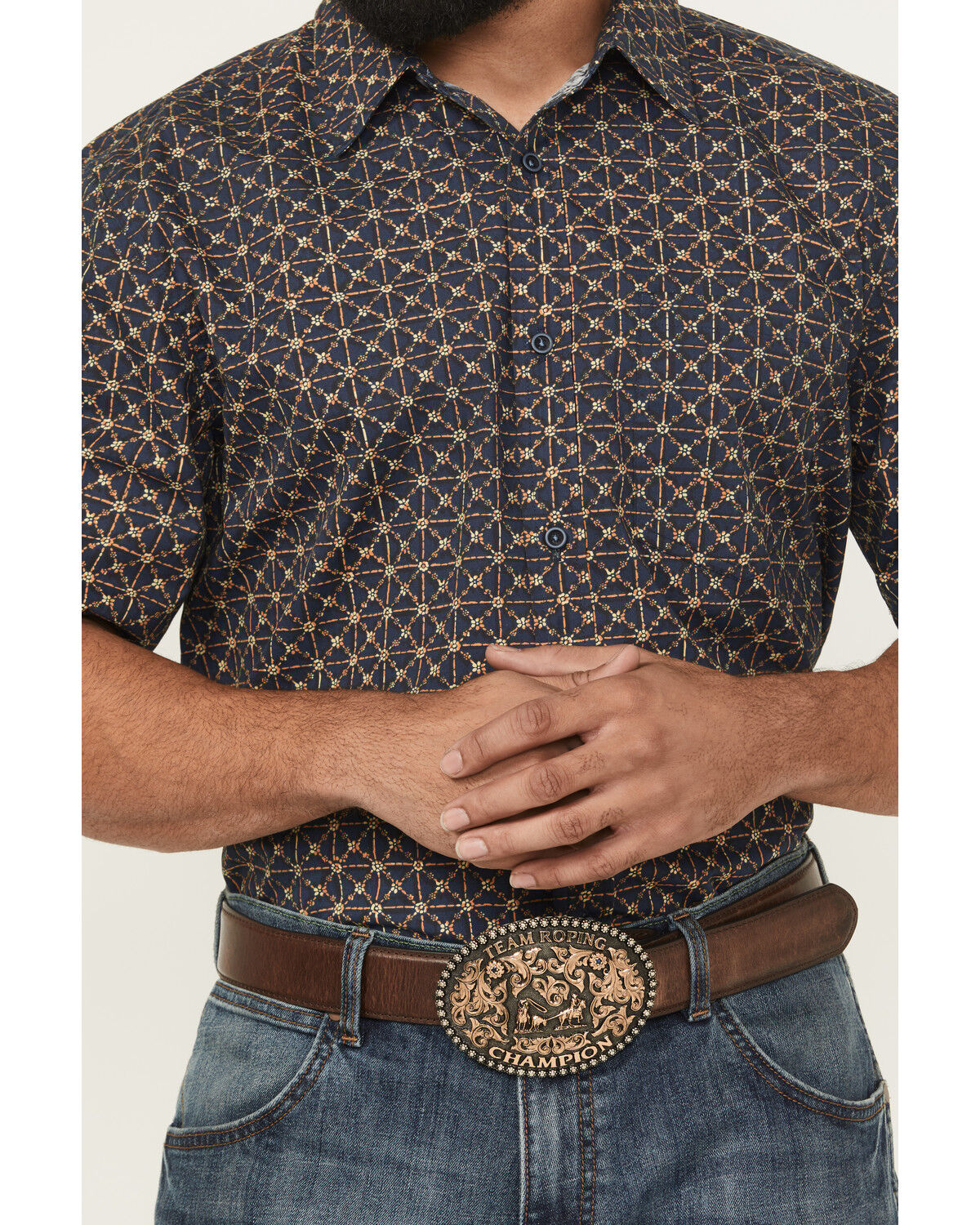 Image #3 - Gibson Trading Co Men's Aviara Geo Print Short Sleeve Button-Down Stretch Western Shirt, Navy, hi-res