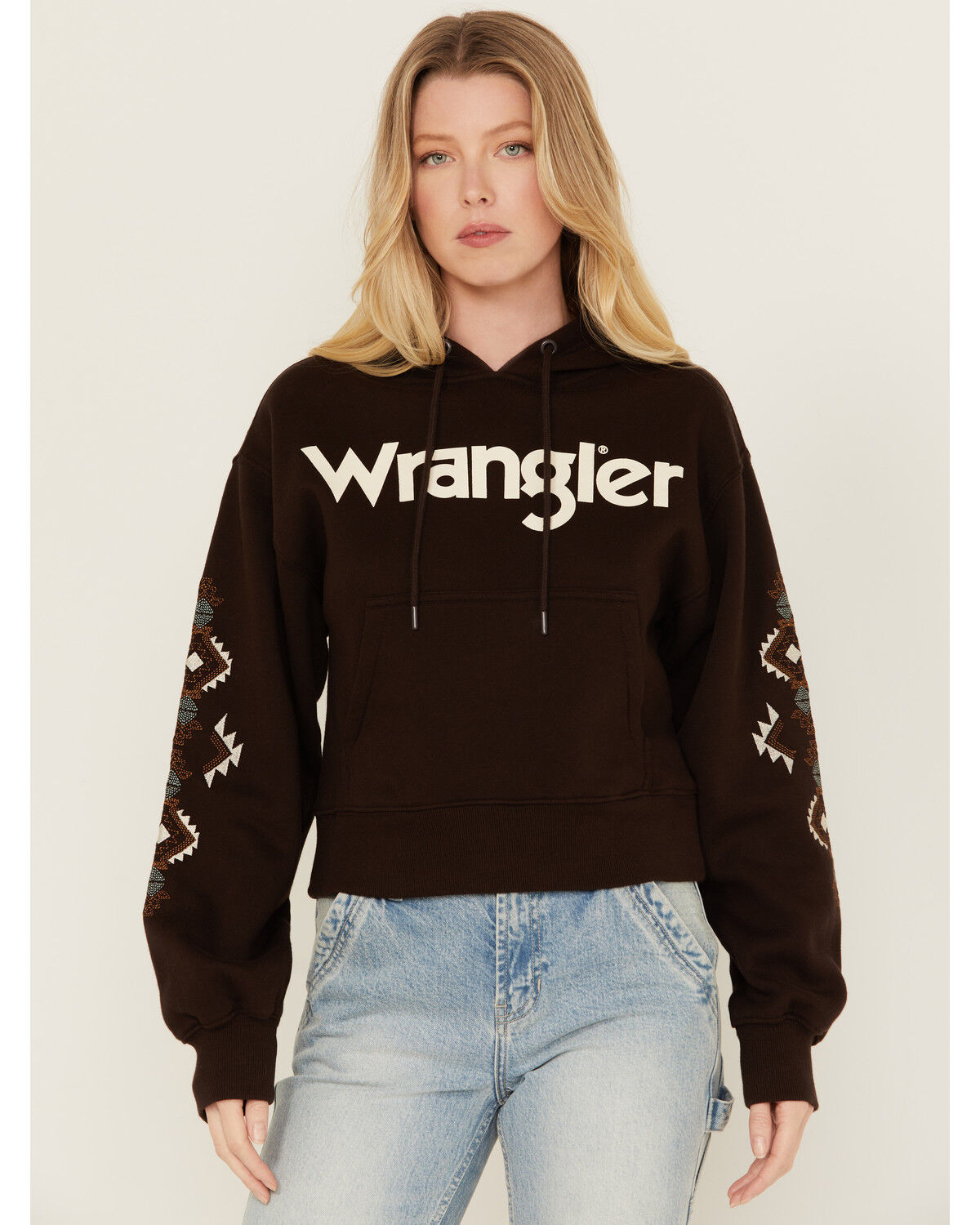 Image #1 - Wrangler Retro Women's Southwestern Sleeve Logo Hoodie, Brown, hi-res