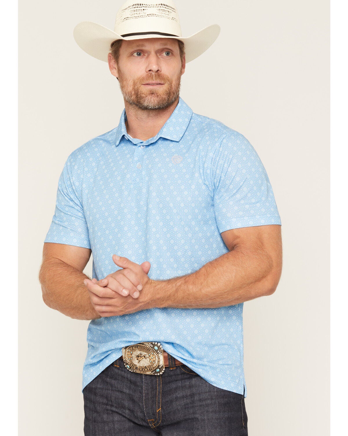 Image #1 - Rock & Roll Denim Men's Geo Print Short Sleeve Button-Down Stretch Polo, Blue, hi-res