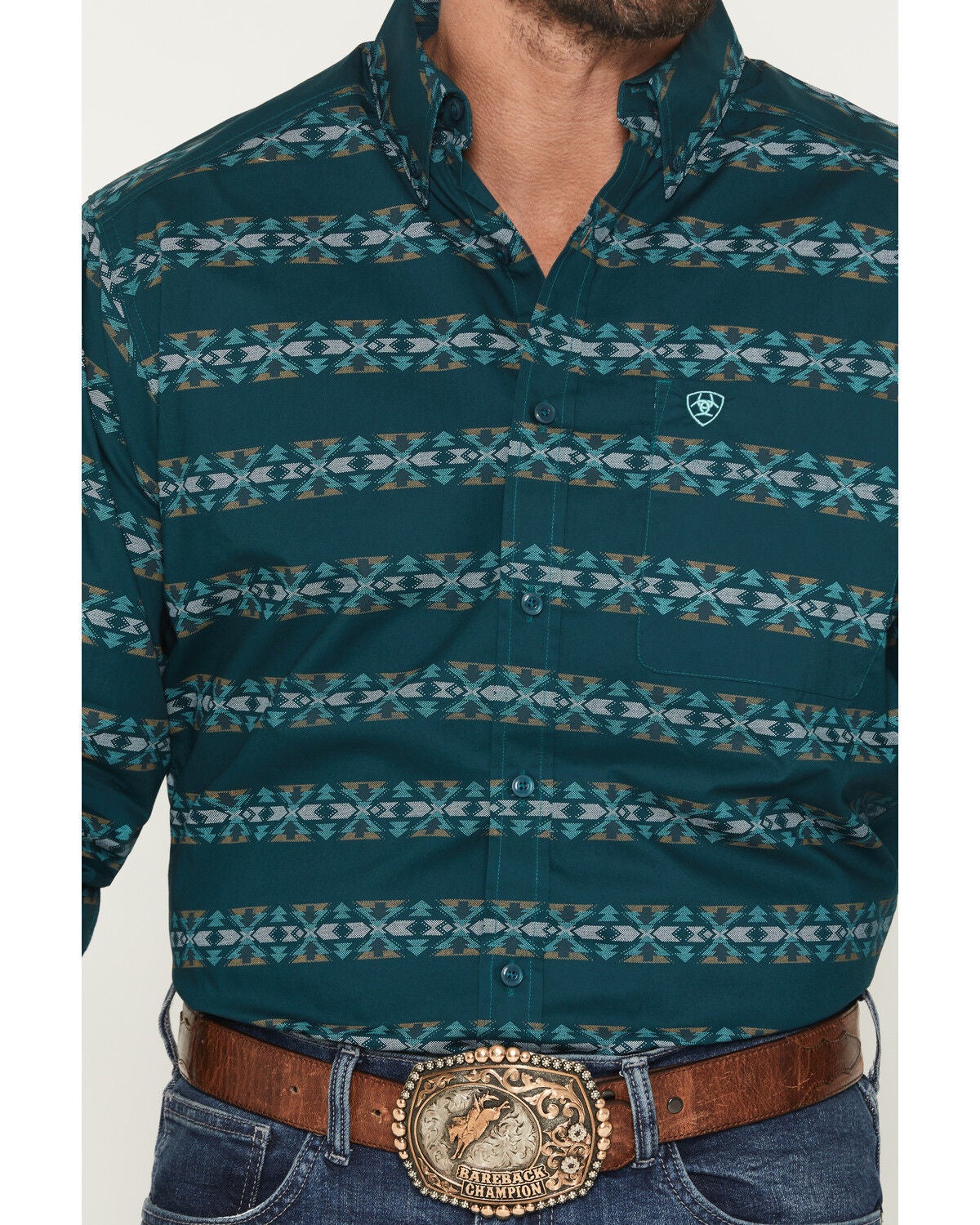 Image #3 - Ariat Men's Brando Southwestern Print Long Sleeve Button-Down Western Shirt, Teal, hi-res