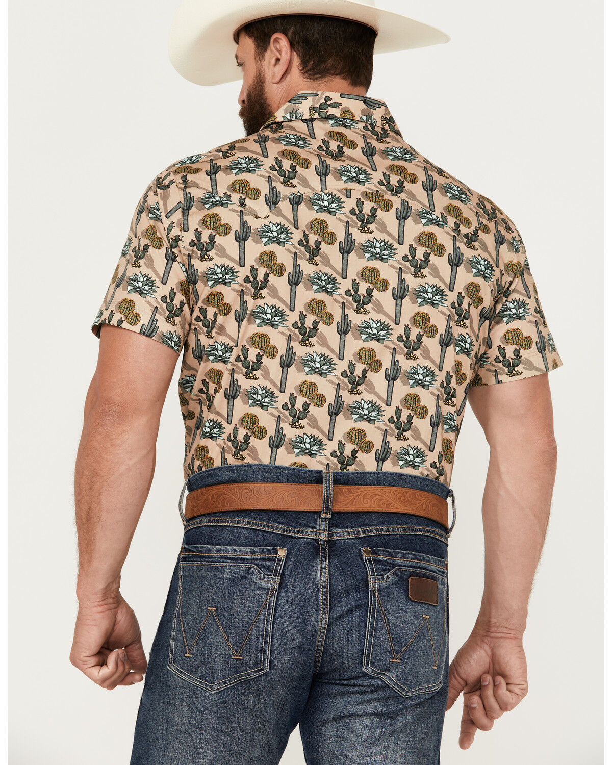 Image #4 - Rock & Roll Denim Men's Cactus Print Stretch Short Sleeve Snap Western Shirt, Tan, hi-res