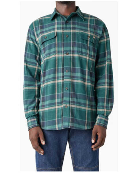 Image #1 - Dickies Men's Flex Plaid Print Long Sleeve Button-Down Flannel Work Shirt, Forest Green, hi-res