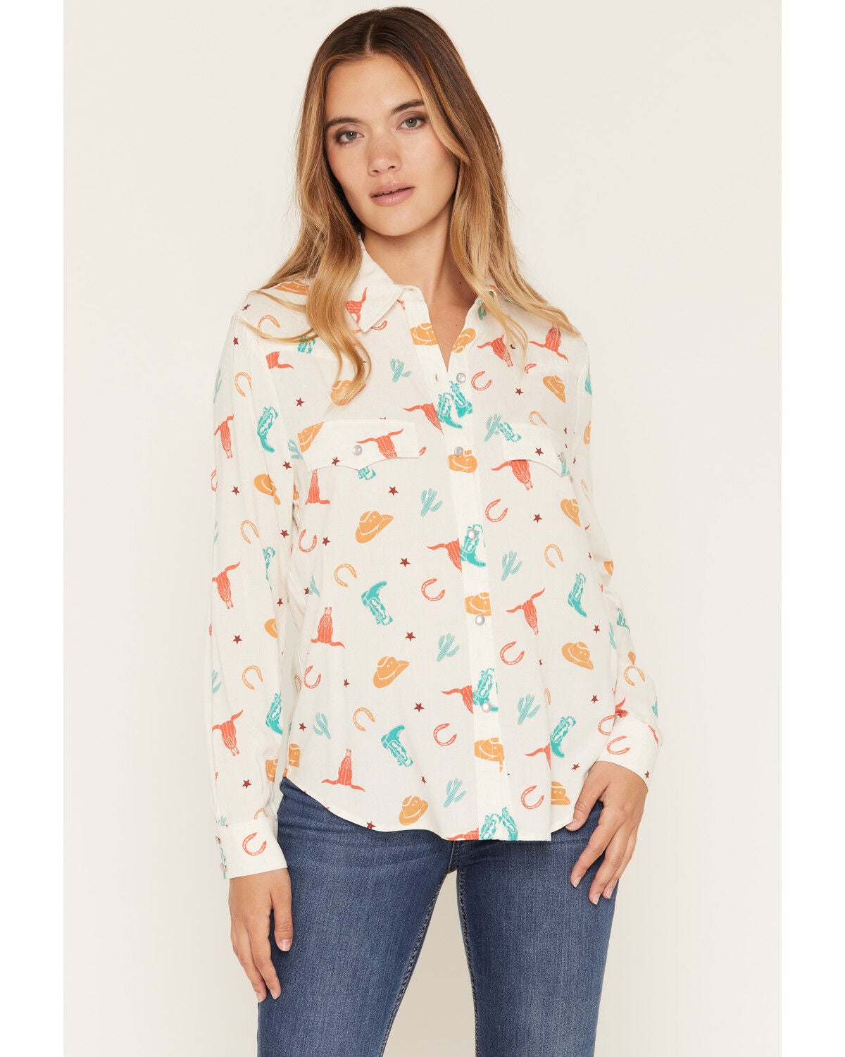 Olive Hill Women's Western Conversational Print Long Sleeve Pearl Button-Down Western Shirt, White, hi-res