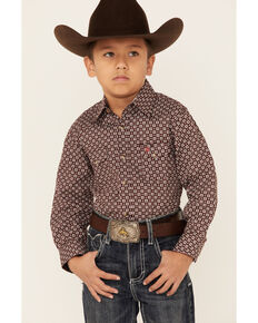 Rodeo Clothing Boys' Burgundy Retro Geo Print Long Sleeve Snap Western Shirt , Burgundy, hi-res