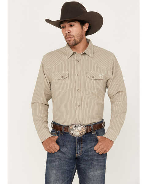 Image #1 - Blue Ranchwear Men's Denim Dobby Striped Long Sleeve Western Pearl Snap Shirt, Cream, hi-res