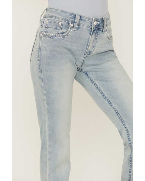 Grace in LA Women's Fleur De Lis Pocket Southwestern Bootcut Jeans, Blue, hi-res