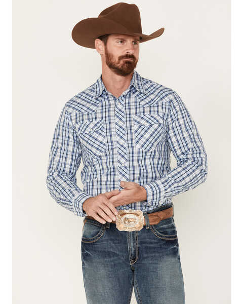 Wrangler Men's Small Plaid Print Long Sleeve Snap Western Shirt , Blue, hi-res