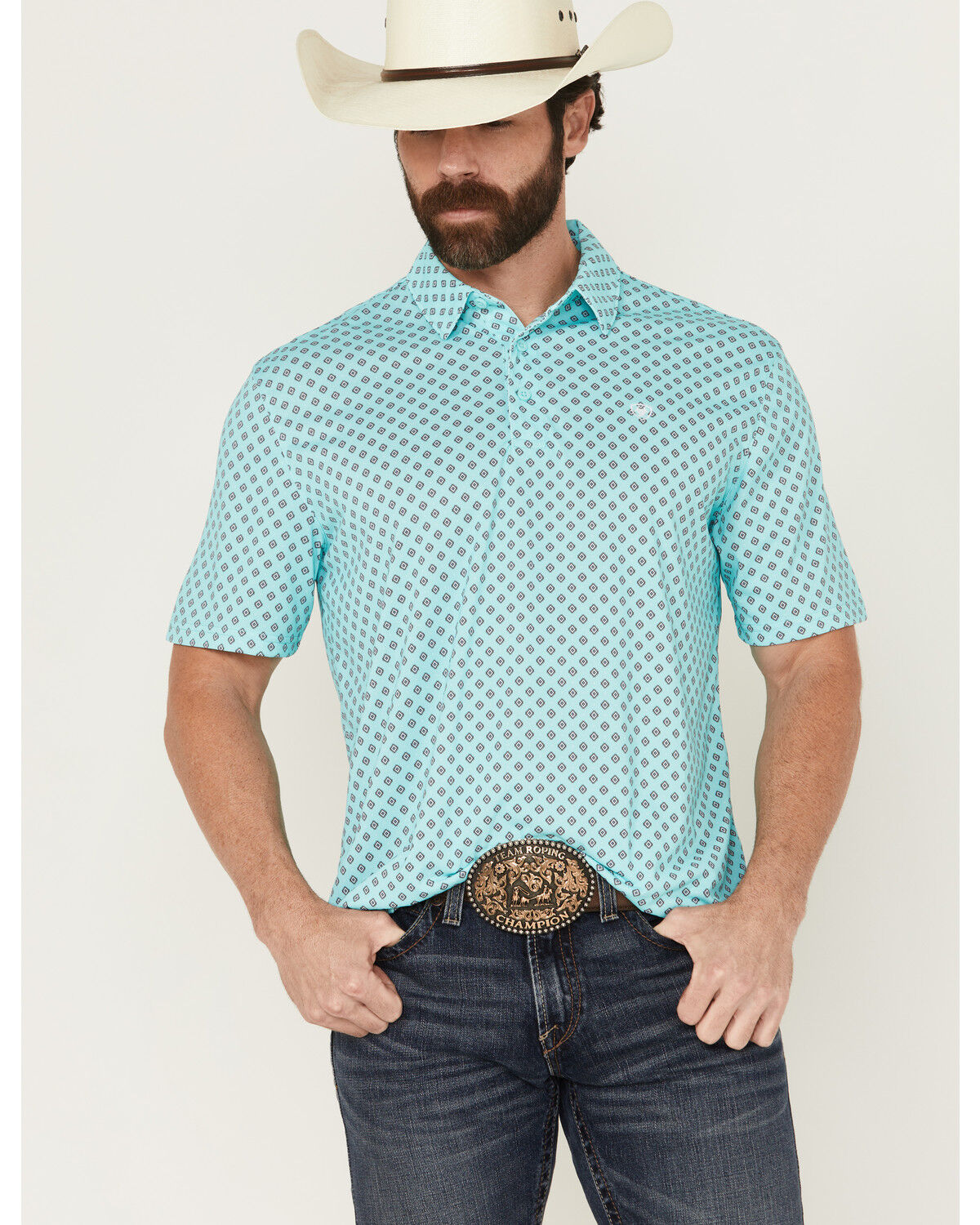 Image #1 - Ariat Men's Geo Print Short Sleeve Button-Down Performance Polo, Aqua, hi-res