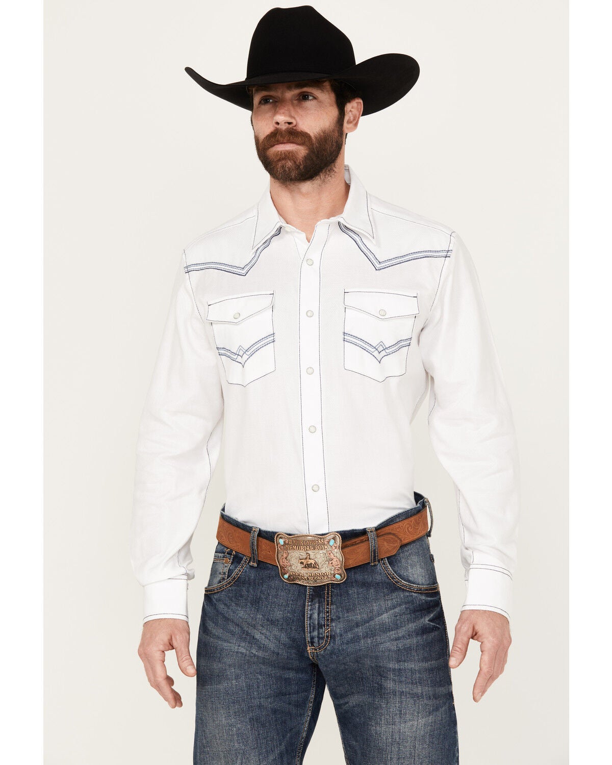 Rock 47 by Wrangler Men's Embroidered Long Sleeve Snap Western Shirt, White, hi-res