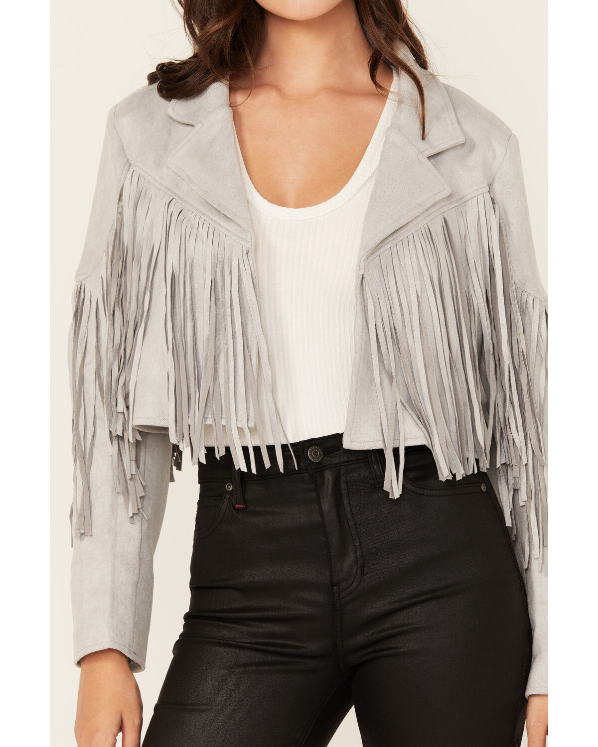 Image #3 - Saints & Hearts Women's Faux Suede Fringe Jacket, Grey, hi-res