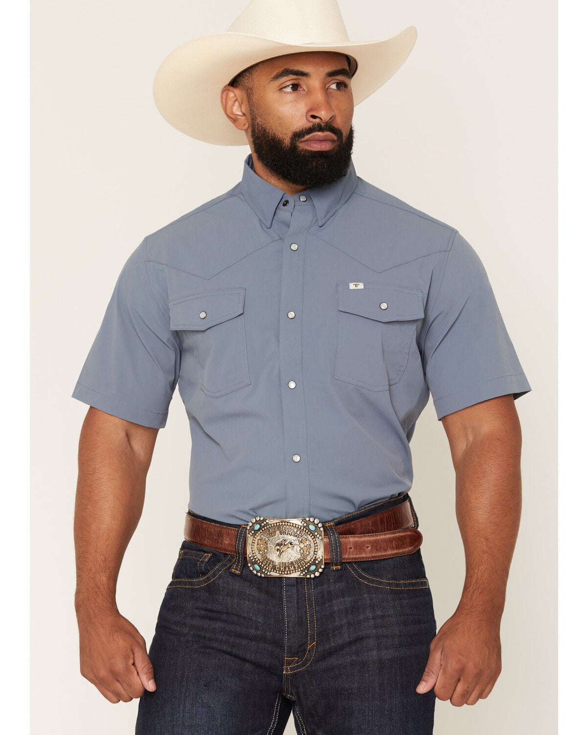 Image #1 - Ferrell Men's Tek Solid Short Sleeve Snap Performance Western Shirt, Blue, hi-res