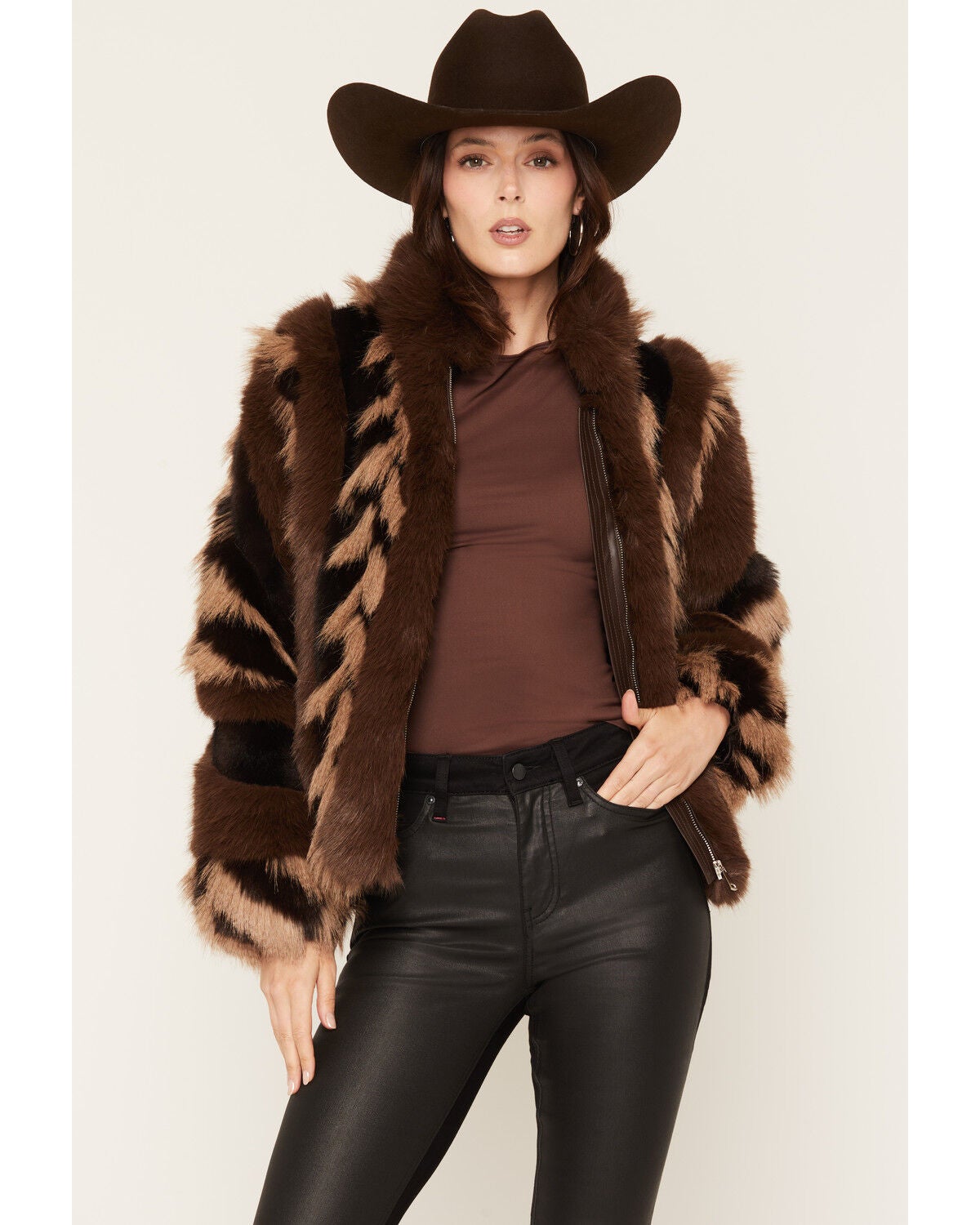 Azalea Wang Women's Striped Faux Fur Jacket, Chocolate, hi-res