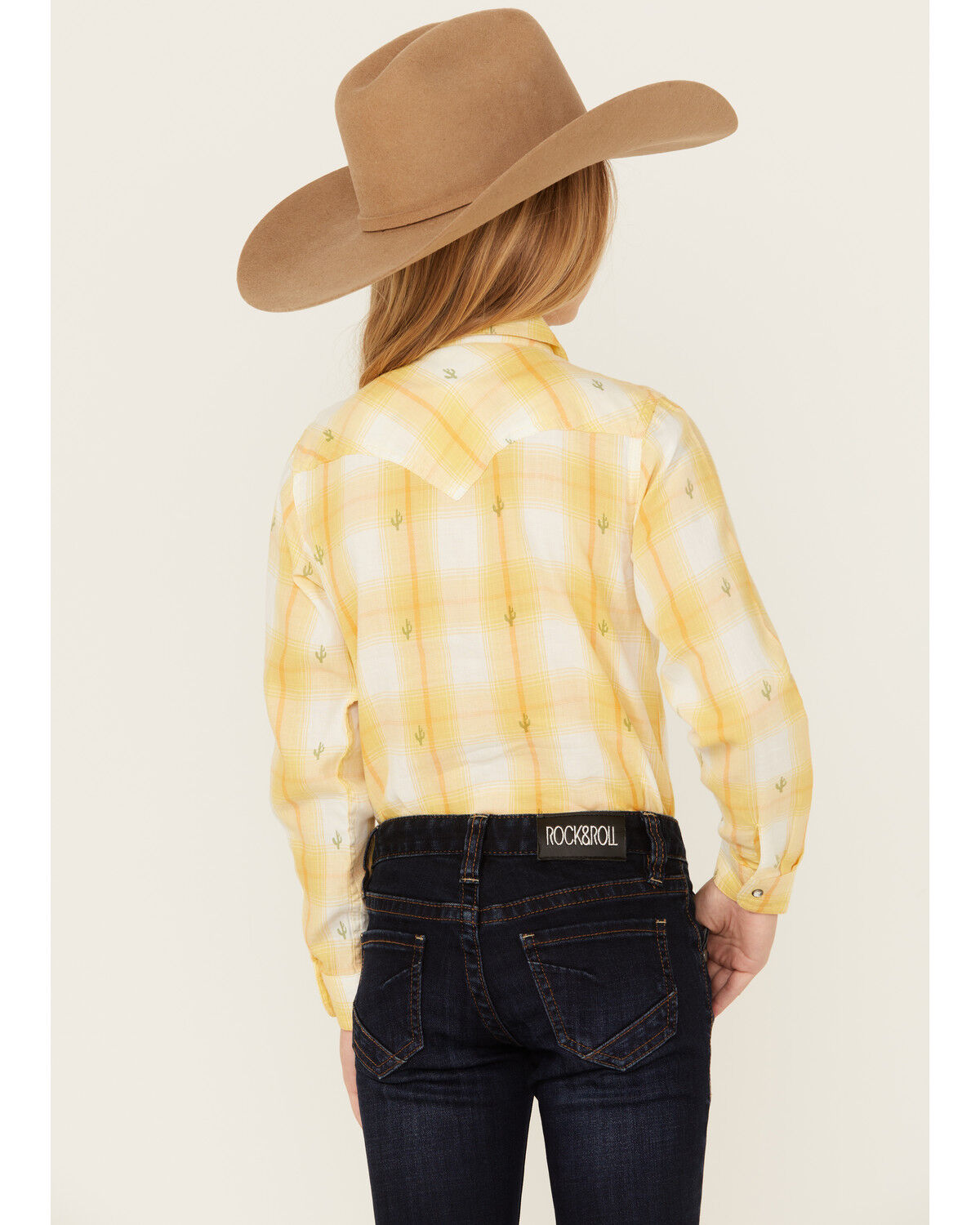 Image #4 - Ariat Girls' Glenrock Cactus Plaid Print Long Sleeve Rhinestone Snap Western Shirt, Yellow, hi-res