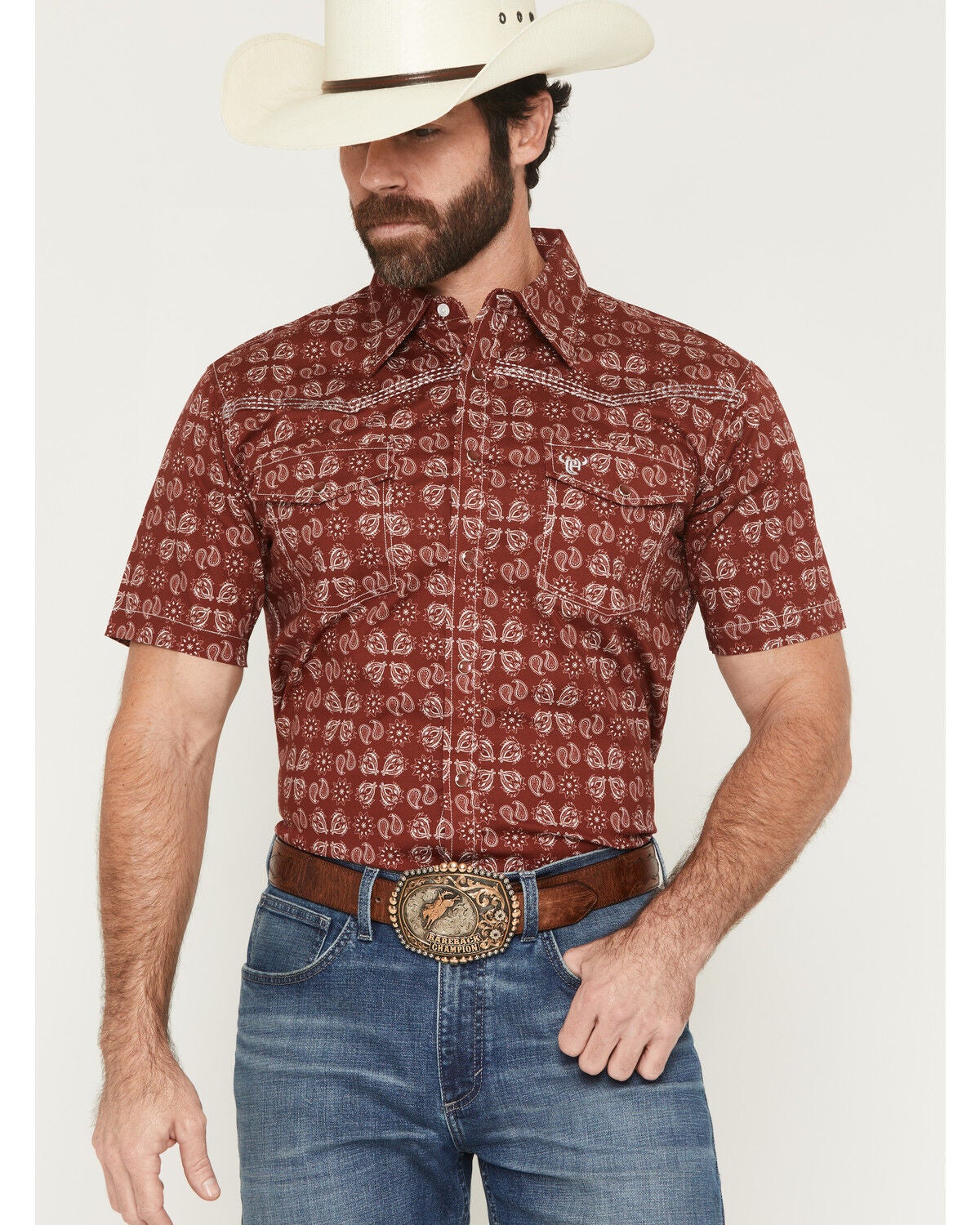 Image #1 - Cowboy Hardware Men's Acorn Paisley Print Short Sleeve Pearl Snap Stretch Western Shirt, Chilli, hi-res