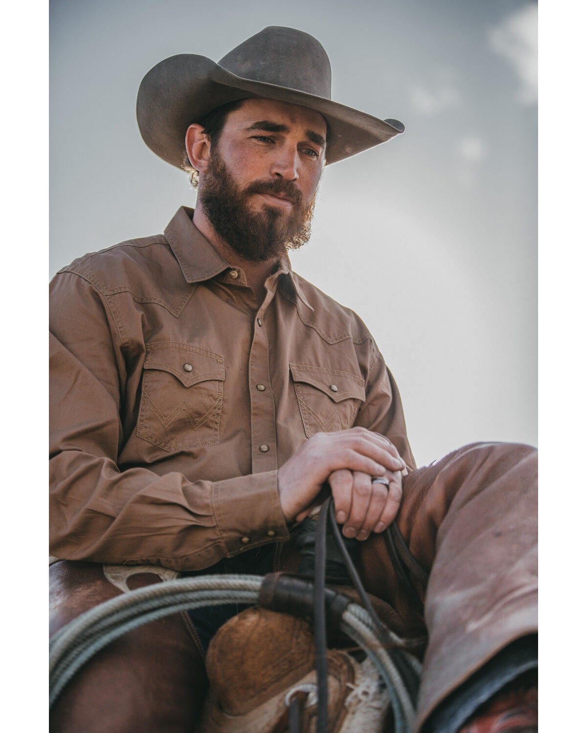 Wrangler Retro Men's Solid Long Sleeve Snap Western Shirt, Tan, hi-res