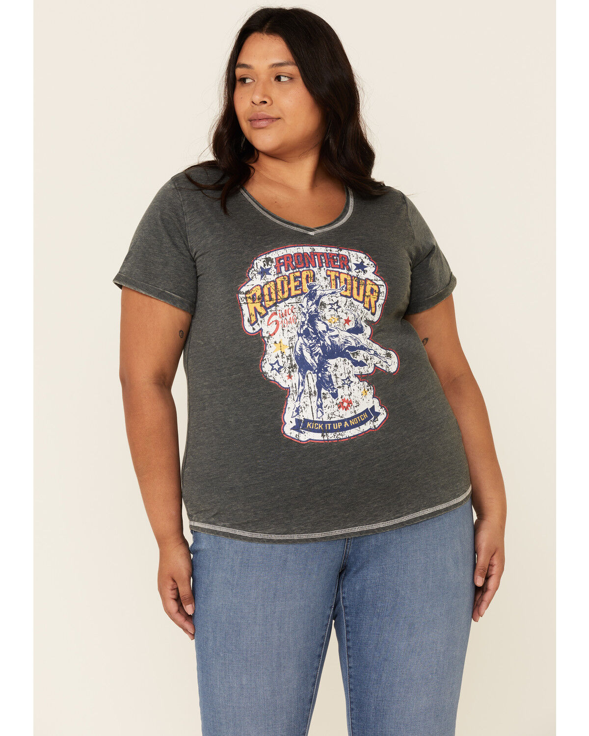 Image #1 - Panhandle Women's Thyme Rodeo Tour Short Sleeve Graphic Tee - Plus, Charcoal, hi-res