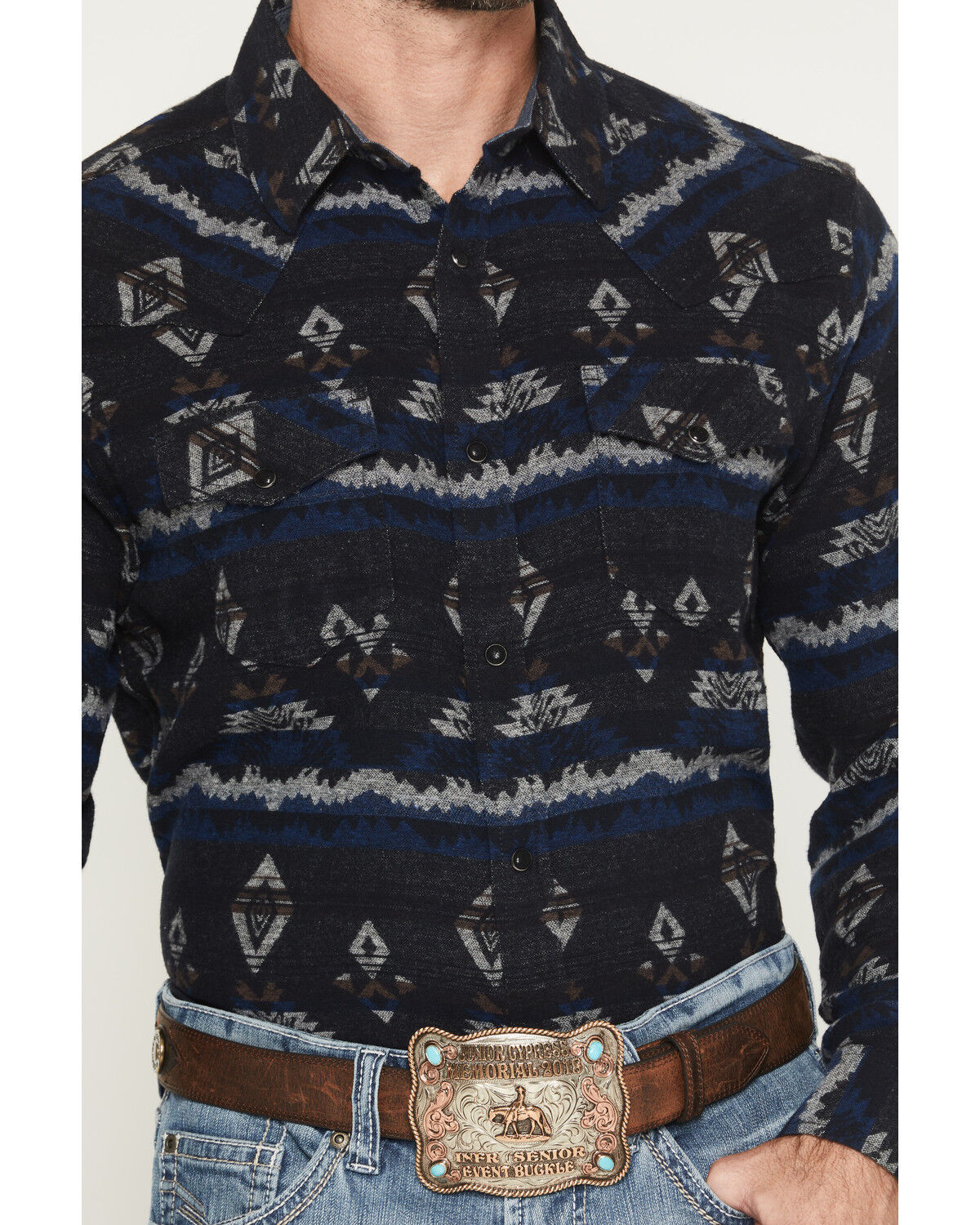 Image #3 - Cody James Men's Ironwood Southwestern Striped Long Sleeve Snap Flannel Shirt, Navy, hi-res