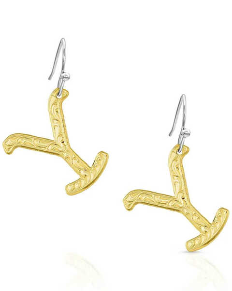 Image #1 - Montana Silversmiths Women's The Y Yellowstone Brand Earrings, Gold, hi-res
