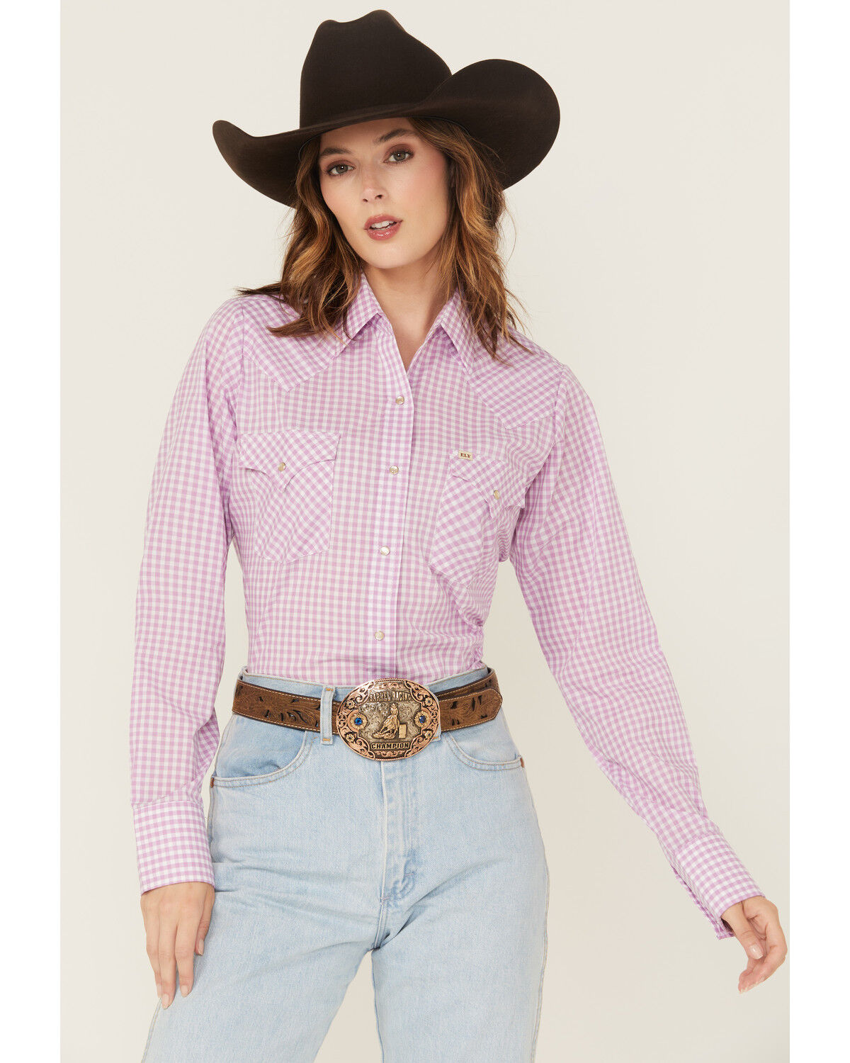 Image #2 - Cowboygirl by Jenna Paulette Women's Gingham Print Long Sleeve Pearl Snap Western Shirt, Lavender, hi-res