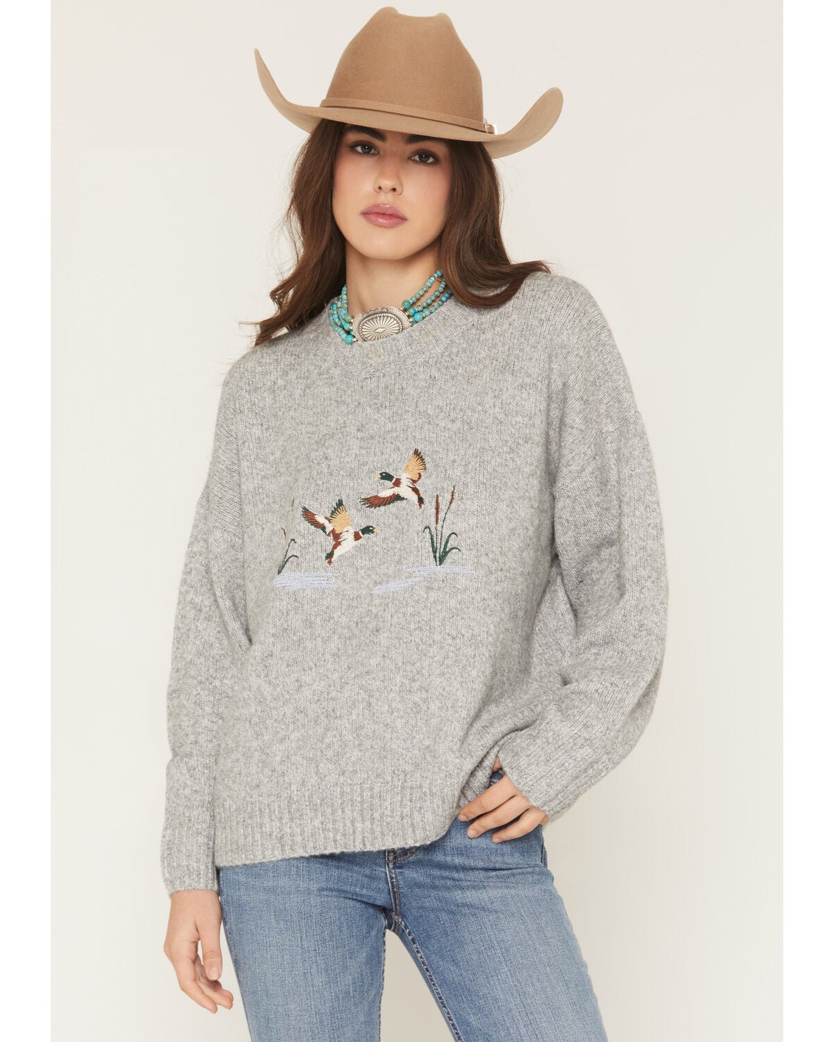 Bailey Rose Women's Embroidered Duck Sweater, Grey, hi-res