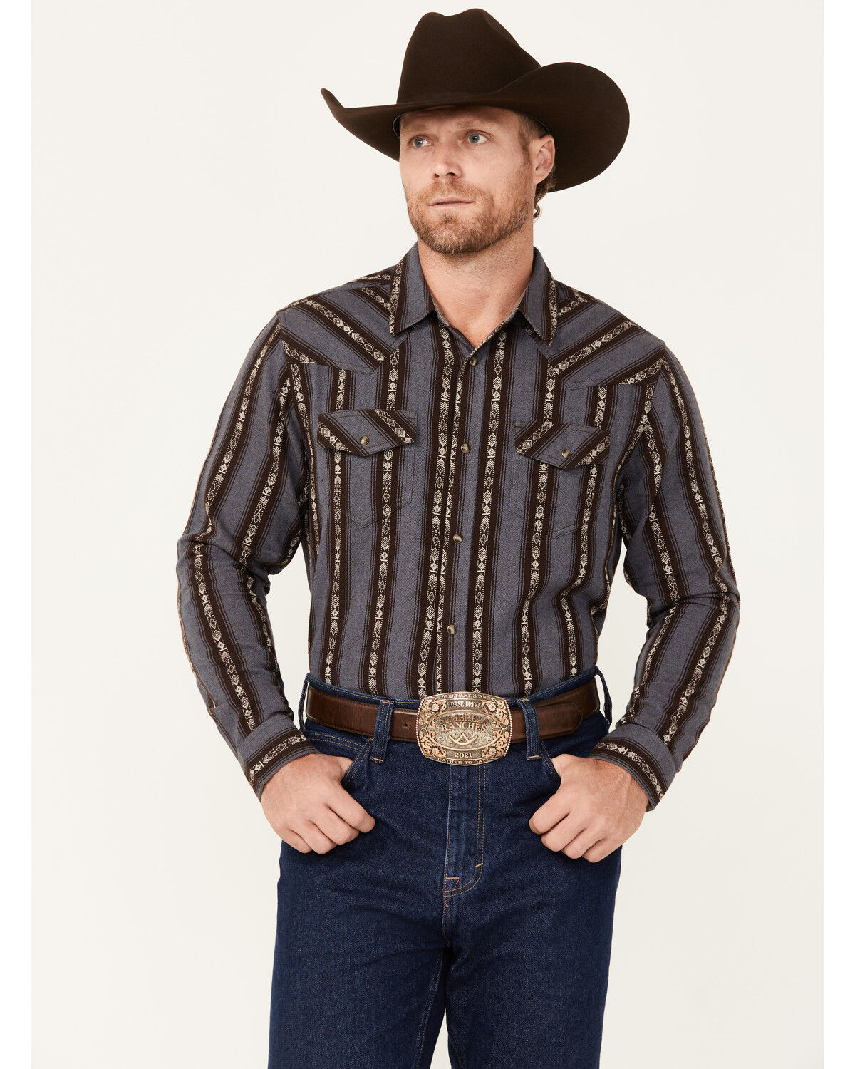 Image #1 - Cody James Men's Deluxe Striped Print Long Sleeve Snap Flannel Shirt, Brown, hi-res