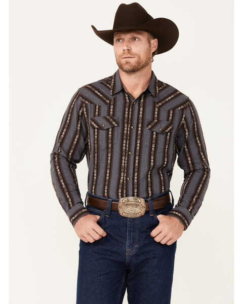 Image #1 - Cody James Men's Deluxe Striped Print Long Sleeve Snap Western Flannel, Brown, hi-res
