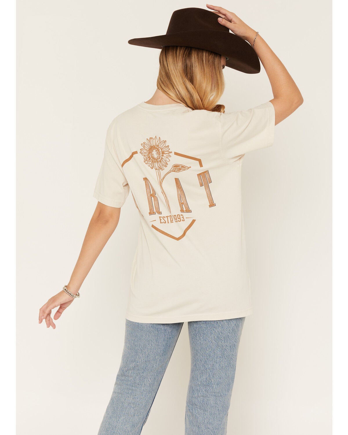 Image #1 - Ariat Women's Boot Barn Exclusive Sunflower Logo Short Sleeve Graphic Tee, Beige, hi-res