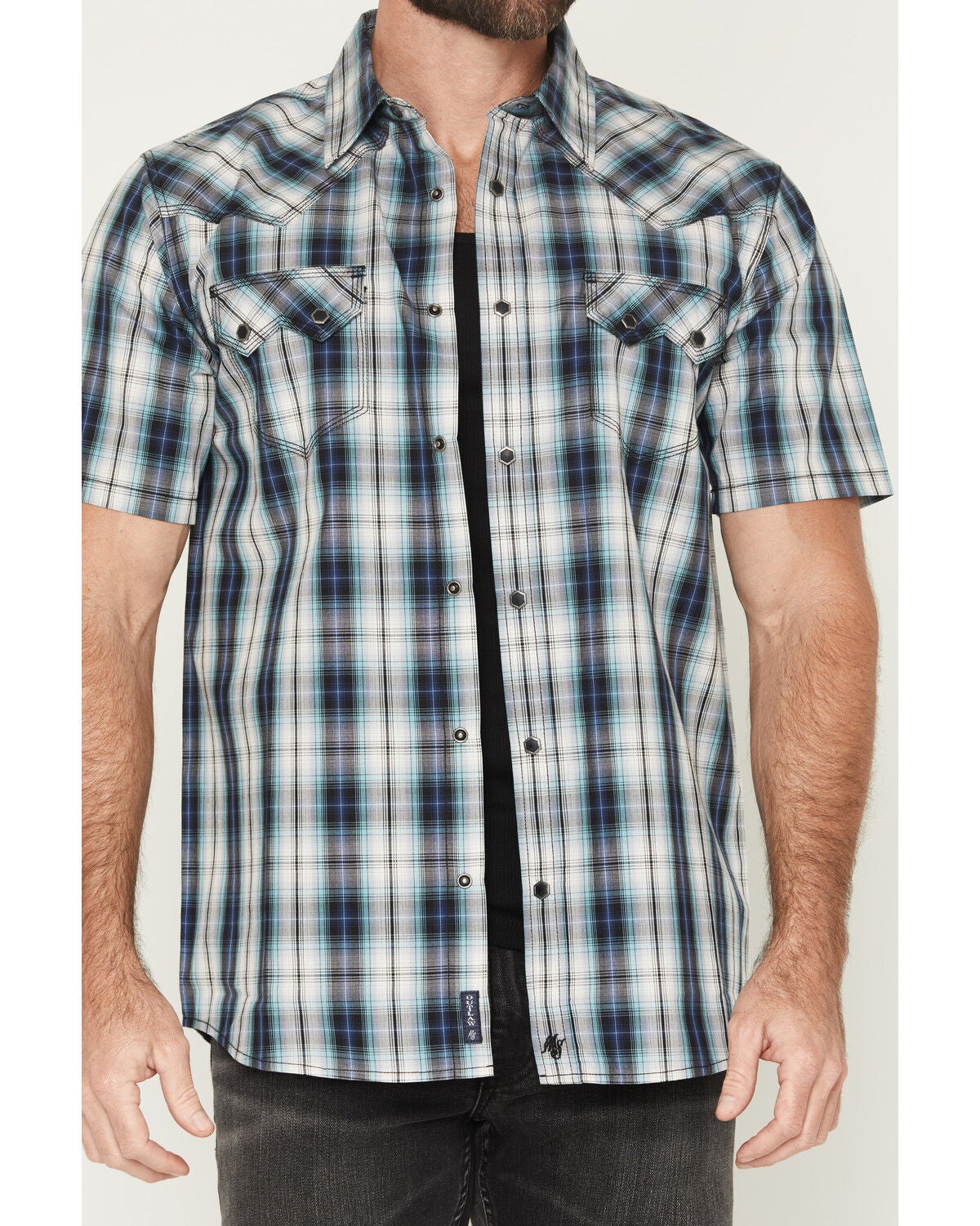 Image #3 - Moonshine Spirit&reg; Men's Purple Hazer Plaid Print Short Sleeve Snap Western Shirt, Blue, hi-res
