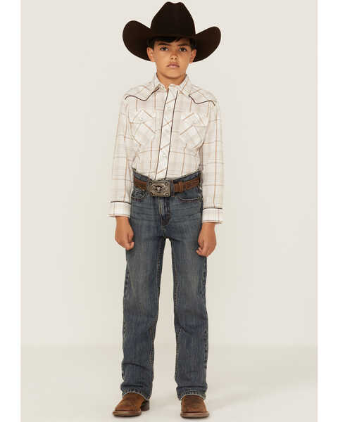 Image #2 - Roper Boys' Plaid Print Embroidered Long Sleeve Western Pearl Snap Shirt, Brown, hi-res