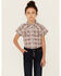 Image #1 - Shyanne Girls' Dobby Teton Plaid Print Short Sleeve Pearl Snap Western Shirt, Brick Red, hi-res