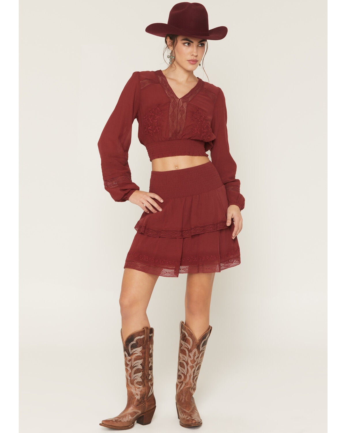 Image #2 - Shyanne Women's Embroidered Flutter Mini Skirt, Burgundy, hi-res