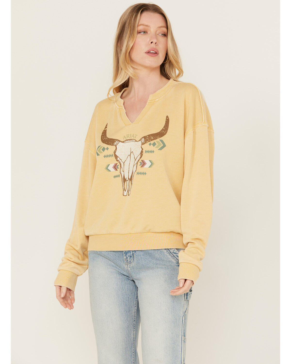 Image #1 - Ariat Women's Steer Head Pullover Sweatshirt, Yellow, hi-res