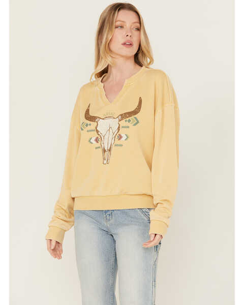 Image #1 - Ariat Women's Steer Head Pullover Sweatshirt , Yellow, hi-res