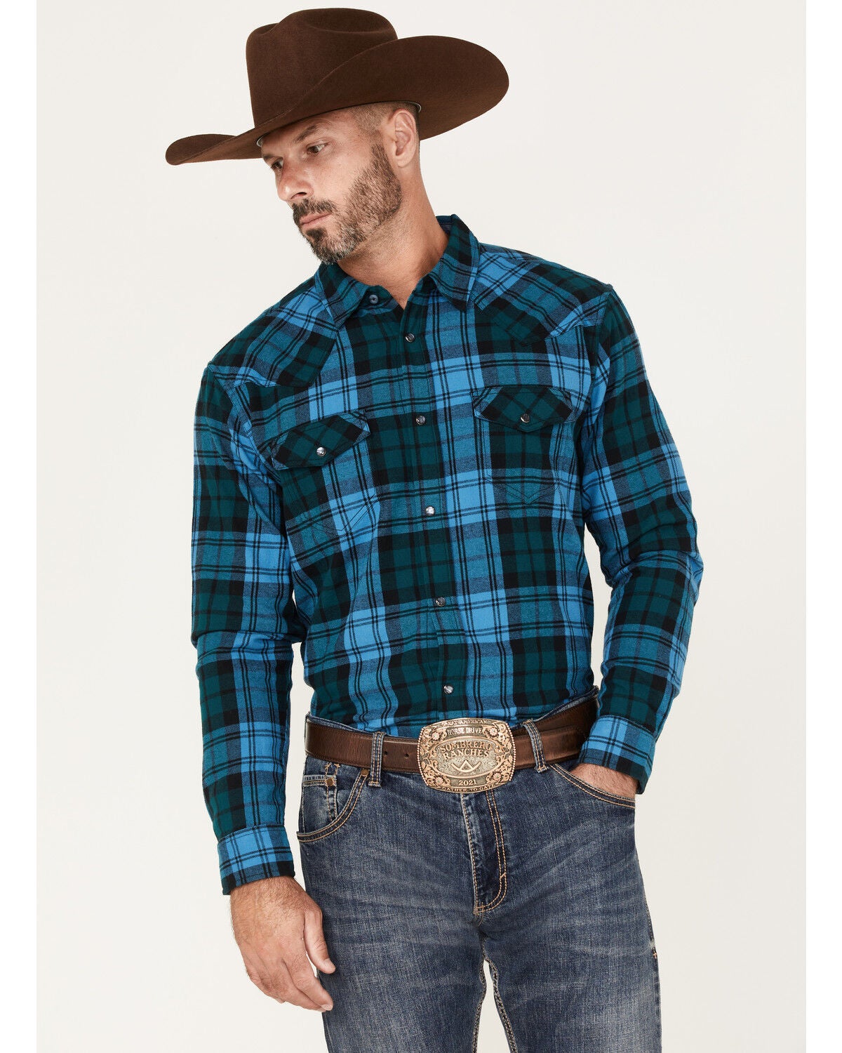 Cody James Men's McKenzie Plaid Print Pearl Snap Western Flannel Shirt, Navy, hi-res